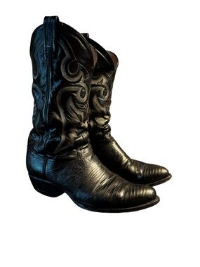 Tony Lama Black Leather and Teju lizard skin  Western Cowboy Boots #3859